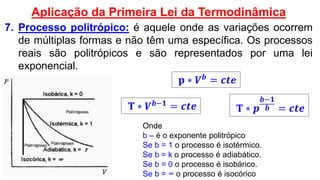 7. Processo politrópico: é aquele onde as variações ocorrem
de múltiplas formas e não têm uma específica. Os processos
reais são politrópicos e são representados por uma lei
exponencial.
Aplicação da Primeira Lei da Termodinâmica
𝐩 ∗ 𝑽 𝒃
= 𝒄𝒕𝒆
Onde
b – é o exponente politrópico
Se b = 1 o processo é isotérmico.
Se b = k o processo é adiabático.
Se b = 0 o processo é isobárico.
Se b = ∞ o processo é isocórico
𝐓 ∗ 𝑽 𝒃−𝟏
= 𝒄𝒕𝒆 𝐓 ∗ 𝒑
𝒃−𝟏
𝒃 = 𝒄𝒕𝒆
 