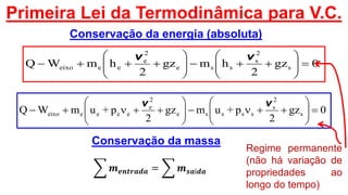 Primeira Lei da Termodinâmica para V.C.
0gz
2
hmgz
2
hmWQ s
2
s
sse
2
e
eeeixo 












vv
Conservação da energia (absoluta)
Conservação da massa
𝒎 𝒆𝒏𝒕𝒓𝒂𝒅𝒂 = 𝒎 𝒔𝒂í𝒅𝒂
0gz
2
p+umgz
2
p+umWQ s
2
s
sssse
2
e
eeeeeixo 












vv
Regime permanente
(não há variação de
propriedades ao
longo do tempo)
 