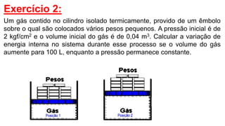 Exercício 2:
Um gás contido no cilindro isolado termicamente, provido de um êmbolo
sobre o qual são colocados vários pesos pequenos. A pressão inicial é de
2 kgf/cm2 e o volume inicial do gás é de 0,04 m3. Calcular a variação de
energia interna no sistema durante esse processo se o volume do gás
aumente para 100 L, enquanto a pressão permanece constante.
 