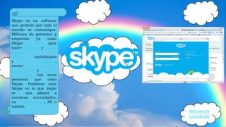 Referencia
consultada
Skype es un software
que permite que todo el
mundo se comunique.
Millones de personas y
empresas ya usan
Skype para
hacer llamadas y videoll
amadas
gratis individuales
y grupales,
enviar mensajes
instantáneos y comparti
r archivos con otras
personas que usan
Skype. Podemos usar
Skype en lo que mejor
se nos adapte a
nuestras necesidades:
en teléfono móvil, PC o
tableta.
 