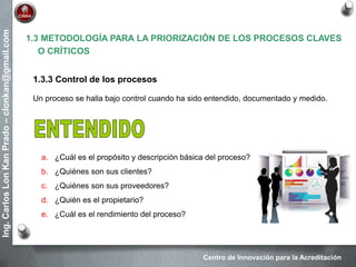 Centro de Innovación para la Acreditación
Ing.CarlosLonKanPrado–clonkan@gmail.com
1.3 METODOLOGÍA PARA LA PRIORIZACIÓN DE LOS PROCESOS CLAVES
O CRÍTICOS
1.3.3 Control de los procesos
Un proceso se halla bajo control cuando ha sido entendido, documentado y medido.
a. ¿Cuál es el propósito y descripción básica del proceso?
b. ¿Quiénes son sus clientes?
c. ¿Quiénes son sus proveedores?
d. ¿Quién es el propietario?
e. ¿Cuál es el rendimiento del proceso?
 