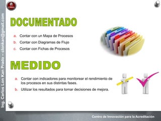 Centro de Innovación para la Acreditación
Ing.CarlosLonKanPrado–clonkan@gmail.com
a. Contar con un Mapa de Procesos
b. Contar con Diagramas de Flujo
c. Contar con Fichas de Procesos
a. Contar con indicadores para monitorear el rendimiento de
los procesos en sus distintas fases.
b. Utilizar los resultados para tomar decisiones de mejora.
 