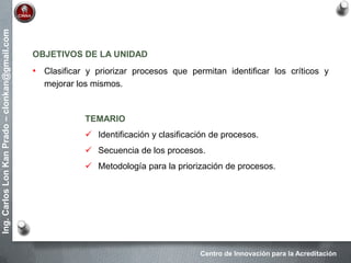 Centro de Innovación para la Acreditación
Ing.CarlosLonKanPrado–clonkan@gmail.com
OBJETIVOS DE LA UNIDAD
• Clasificar y priorizar procesos que permitan identificar los críticos y
mejorar los mismos.
TEMARIO
 Identificación y clasificación de procesos.
 Secuencia de los procesos.
 Metodología para la priorización de procesos.
 