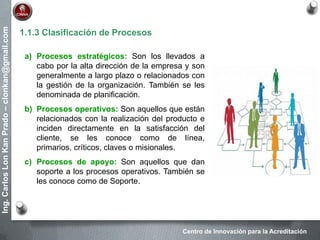 Centro de Innovación para la Acreditación
Ing.CarlosLonKanPrado–clonkan@gmail.com
1.1.3 Clasificación de Procesos
a) Procesos estratégicos: Son los llevados a
cabo por la alta dirección de la empresa y son
generalmente a largo plazo o relacionados con
la gestión de la organización. También se les
denominada de planificación.
b) Procesos operativos: Son aquellos que están
relacionados con la realización del producto e
inciden directamente en la satisfacción del
cliente, se les conoce como de línea,
primarios, críticos, claves o misionales.
c) Procesos de apoyo: Son aquellos que dan
soporte a los procesos operativos. También se
les conoce como de Soporte.
 
