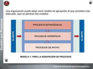 Centro de Innovación para la Acreditación
GestiónporProcesos
Una organización puede elegir como modelo de agrupación el que considere más
adecuado, aquí se plantean dos modelos:
MODELO 1: PARA LA AGRUPACIÓN DE PROCESOS
 