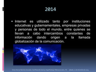 2014
 Internet es utilizado tanto por instituciones
educativas y gubernamentales, empresas privadas
y personas de todo el mundo, entre quienes se
llevan a cabo intercambios constantes de
información dando origen a la llamada
globalización de la comunicación.
sábado, 12 de diciembre de 2015Omar Hernan Ramirez Gonzalez. Axel Resendiz Garcia, Angel Rodrigo Villanueva León, 1°G
 