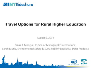 1
Travel Options for Rural Higher Education
August 5, 2014
Frank T. Mongioi, Jr., Senior Manager, ICF International
Sarah Laurie, Environmental Safety & Sustainability Specialist, SUNY Fredonia
 