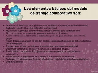 Los elementos básicos del modelo
de trabajo colaborativo son:
• Objetivos: el desarrollo de la persona; más indefinido, se busca el desarrollo humano.
• Ambiente: abierto, libre, que estimulan la creatividad.
• Motivación: supeditada al compromiso personal: libertad para participar o no.
• Tipo de proceso: se pueden dar procesos formales e informales.
• Aporte individual: conocimiento y experiencia personal para el enriquecimiento del
grupo.
• Pasos del proceso grupal: no son tan rígidos, pueden cambiar pues se deben adaptar al
desarrollo grupal.
• Reglas: generadoras, no limitan ni encasillan sino que generan creatividad.
• Desarrollo personal: es el objetivo, junto con el desarrollo grupal.
• Productividad: secundaria. El objetivo es lo que se aprende en la experiencia
colaborativa.
• Preocupación: la experiencia en sí misma. La motivación es intrínseca.
• Software: no determinante; flexible, debe brindar posibilidades virtualmente ilimitadas.
• Una meta común.
 