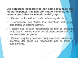Los esfuerzos cooperativos dan como resultado que
los participantes trabajen por mutuo beneficio de tal
manera que todos los miembros del grupo:
 • Ganan por los esfuerzos de cada uno y de otros.
 • Reconocen que todos los miembros del grupo
comparten un destino común.
 • Saben que el buen desempeño de uno es causado
tanto por sí mismo como por el buen desempeño de
los miembros del grupo.
 • Sienten orgullo y celebran conjuntamente cuando un
miembro del grupo es reconocido por su labor o
cumplimento.
 