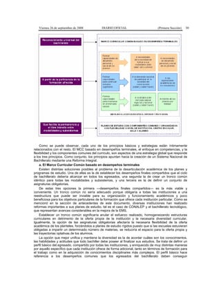 Viernes 26 de septiembre de 2008 DIARIO OFICIAL (Primera Sección) 30
Como se puede observar, cada uno de los principios básicos y estrategias están íntimamente
relacionados con el resto. El MCC basado en desempeños terminales, el enfoque en competencias, y la
flexibilidad y los componentes comunes del currículo, son aspectos de una estrategia global que responde
a los tres principios. Como conjunto, los principios apuntan hacia la creación de un Sistema Nacional de
Bachillerato mediante una Reforma Integral.
a. El Marco Curricular Común basado en desempeños terminales
Existen distintas soluciones posibles al problema de la desarticulación académica de los planes y
programas de estudio. Una de ellas es la de establecer los desempeños finales compartidos que el ciclo
de bachillerato debería alcanzar en todos los egresados, una segunda la de crear un tronco común
idéntico para todas las modalidades y subsistemas, y una tercera es la de definir un conjunto de
asignaturas obligatorias.
De estas tres opciones la primera —desempeños finales compartidos— es la más viable y
conveniente. Un tronco común no sería adecuado porque obligaría a todas las instituciones a una
reestructura que puede ser inviable para su organización y funcionamiento académicos y poco
beneficiosa para los objetivos particulares de la formación que ofrece cada institución particular. Como se
mencionó en la sección de antecedentes de este documento, diversas instituciones han realizado
reformas importantes a sus planes de estudio, tal es el caso de CONALEP y el bachillerato tecnológico,
que representan avances considerables en la mejora de la EMS.
Establecer un tronco común significaría anular el esfuerzo realizado, homogeneizando estructuras
curriculares en detrimento de la oferta propia de la institución y la necesaria diversidad curricular.
Igualmente, la opción de las asignaturas obligatorias afectaría la necesaria flexibilidad de la oferta
académica de los planteles, forzándolos a planes de estudio rígidos puesto que si las escuelas estuvieran
obligadas a impartir un determinado número de materias, se reduciría el espacio para la oferta propia y
las trayectorias optativas de los alumnos.
La opción que mejor unifica y mantiene la diversidad es la de acordar cuáles son los conocimientos,
las habilidades y actitudes que todo bachiller debe poseer al finalizar sus estudios. Se trata de definir un
perfil básico del egresado, compartido por todas las instituciones, y enriquecido de muy distintas maneras
por aquello específico que cada institución ofrece de forma adicional, tanto en términos de formación para
el trabajo como en la adquisición de conocimientos disciplinares más complejos. El perfil básico hace
referencia a los desempeños comunes que los egresados del bachillerato deben conseguir
 