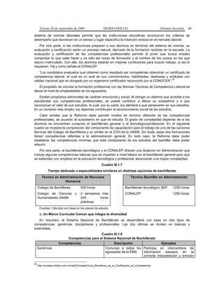 Viernes 26 de septiembre de 2008 DIARIO OFICIAL (Primera Sección) 40
sistema de normas laborales permite que las instituciones educativas reconozcan los criterios de
desempeño que favorecen en un tiempo y lugar específico la inserción exitosa en el mercado laboral.
Por otra parte, si las instituciones preparan a sus alumnos en términos del sistema de normas, su
evaluación y certificación serán un proceso natural, derivado de la formación recibida en la escuela. La
evaluación y certificación de las competencias profesionales permite al joven que busca empleo
comprobar lo que sabe hacer y no sólo las horas de formación y el nombre de los cursos en los que
estuvo matriculado. Con ello, los alumnos estarán en mejores condiciones para buscar trabajo, si así lo
requieren. Tal y como señala el CONALEP:
“Los candidatos evaluados que obtienen como resultado ser competentes obtendrán un certificado de
competencia laboral, el cual es un aval de sus conocimientos, habilidades, destrezas y actitudes con
validez nacional que es otorgado por un organismo certificador reconocido por el CONOCER”.25
El propósito de vincular la formación profesional con las Normas Técnicas de Competencia Laboral es
elevar el nivel de empleabilidad de los egresados.
Existen propósitos adicionales de carácter emocional y social. Al otorgar un diploma que acredite a los
estudiantes sus competencias profesionales, se puede contribuir a elevar su autoestima y a que
reconozcan el valor de sus estudios, lo cual, por su parte, los alentará a que perseveren en sus estudios.
En un contexto más amplio, los diplomas contribuyen al reconocimiento social de los estudios.
Cabe señalar que la Reforma debe permitir niveles de dominio diferente de las competencias
profesionales, de acuerdo al subsistema en que se estudia. El grado de complejidad depende de si los
alumnos se encuentran cursando el bachillerato general o el tecnológico/profesional. En el siguiente
cuadro se muestra la composición del componente de capacitación para el trabajo de una de las opciones
técnicas del Colegio de Bachilleres y su similar en el CCH de la UNAM. Sin duda, estas dos formaciones
tienen competencias referidas a la administración general. En todo caso, la Reforma debe poder
establecer las competencias mínimas que este componente de los estudios del bachiller debe poder
adquirir.
Por otra parte, el bachillerato tecnológico y el CONALEP ofrecen una titulación en Administración que
incluye algunas competencias básicas que se imparten a nivel básico en el bachillerato general pero que
se extienden con amplitud en la educación tecnológica y profesional, alcanzando una mayor complejidad.
Cuadro III.1.7
Tiempo dedicado a especialidades similares en distintas opciones de bachillerato
Técnico en Administración de Recursos
Humanos
Técnico Bachiller en Administración
Colegio de Bachilleres 500 horas Bachillerato tecnológico SEP 1200 horas
Colegio de Ciencias y
Humanidades UNAM
2 semestres más
240 horas
prácticas
CONALEP 1260 horas
Fuentes: Cálculos con base en los planes de estudio.
c. Un Marco Curricular Común que integra la diversidad
En resumen, el Sistema Nacional de Bachillerato se desarrollará con base en tres tipos de
competencias: genéricas, disciplinares y profesionales. Las dos últimas se dividen en básicas y
extendidas.
Cuadro III.1.8
Competencias para el Sistema Nacional de Bachillerato
Competencias Descripción Ejemplos
Genéricas Comunes a todos los
egresados de la EMS
Participa en intercambios de
información basados en la
correcta interpretación y emisión
25
http://conalep.infotec.com.mx/wb2/Conalep/Cona_Beneficios_de_la_Certificacion_en_Competencia
 