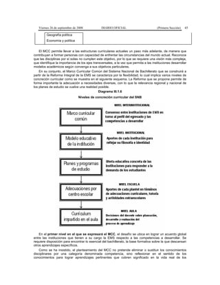 Viernes 26 de septiembre de 2008 DIARIO OFICIAL (Primera Sección) 45
Geografía política
Economía y política
El MCC permite llevar a las estructuras curriculares actuales un paso más adelante, de manera que
contribuyan a formar personas con capacidad de enfrentar las circunstancias del mundo actual. Reconoce
que las disciplinas por sí solas no cumplen este objetivo, por lo que se requiere una visión más compleja,
que identifique la importancia de los ejes transversales, a la vez que permita a las instituciones desarrollar
modelos académicos según convenga a sus objetivos particulares.
En su conjunto, el Marco Curricular Común del Sistema Nacional de Bachillerato que se construirá a
partir de la Reforma Integral de la EMS se caracteriza por la flexibilidad, lo cual implica varios niveles de
concreción curricular como se muestra en el siguiente esquema. La Reforma que se propone permite de
forma importante la adecuación a necesidades diversas, con lo que la relevancia regional y nacional de
los planes de estudio se vuelve una realidad posible.
Diagrama III.1.6
Niveles de concreción curricular del SNB
En el primer nivel en el que se expresará el MCC, el desafío se ubica en lograr un acuerdo global
entre las instituciones que tienen a su cargo la EMS respecto a las competencias a desarrollar. Se
requiere disposición para encontrar lo esencial del bachillerato, la base formativa sobre la que descansan
otros aprendizajes específicos.
Como se ha insistido, el planteamiento del MCC no pretende eliminar o sustituir los conocimientos
disciplinares por una categoría denominada competencia, sino reflexionar en el sentido de los
conocimientos para lograr aprendizajes pertinentes que cobren significado en la vida real de los
 