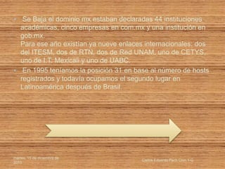 • Se Baja el dominio mx estaban declaradas 44 instituciones
académicas, cinco empresas en com.mx y una institución en
gob.mx.
Para ese año existían ya nueve enlaces internacionales: dos
del ITESM, dos de RTN, dos de Red UNAM, uno de CETYS,
uno de I.T. Mexicali y uno de UABC.
• En 1995 teníamos la posición 31 en base al número de hosts
registrados y todavía ocupamos el segundo lugar en
Latinoamérica después de Brasil.
martes, 15 de diciembre de
2015
Carlos Eduardo Pech Chin 1-G
 