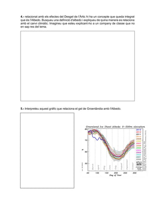 4.- relacionat amb els efectes del Desgel de l’Àrtic hi ha un concepte que queda integrat
que és l’Albedo. Busqueu una definició d'albedo i expliqueu de quina manera es relaciona
amb el canvi climàtic. Imagineu que esteu explicant-ho a un company de classe que no
en sap res del tema.
5.- Interpreteu aquest gràfic que relaciona el gel de Groenlàndia amb l’Albedo.
 