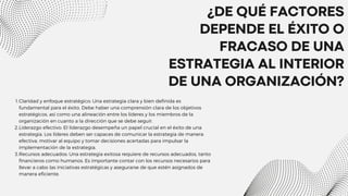 ¿DE QUÉ FACTORES
DEPENDE EL ÉXITO O
FRACASO DE UNA
ESTRATEGIA AL INTERIOR
DE UNA ORGANIZACIÓN?
Claridad y enfoque estratégico: Una estrategia clara y bien definida es
fundamental para el éxito. Debe haber una comprensión clara de los objetivos
estratégicos, así como una alineación entre los líderes y los miembros de la
organización en cuanto a la dirección que se debe seguir.
Liderazgo efectivo: El liderazgo desempeña un papel crucial en el éxito de una
estrategia. Los líderes deben ser capaces de comunicar la estrategia de manera
efectiva, motivar al equipo y tomar decisiones acertadas para impulsar la
implementación de la estrategia.
Recursos adecuados: Una estrategia exitosa requiere de recursos adecuados, tanto
financieros como humanos. Es importante contar con los recursos necesarios para
llevar a cabo las iniciativas estratégicas y asegurarse de que estén asignados de
manera eficiente.
1.
2.
3.
 
