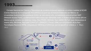 1993………….
El Consejo Nacional de Ciencia y Tecnología se conecta a Internet mediante un enlace satelital al NCAR
(Centro Nacional de Investigación Atmosférica) al igual que el Instituto Autónomo de México; la
Universidad Autónoma Metropolitana (UAM), en ese mismo año, se establece como el primer NAP
(Network Access Point), al intercambiar tráfico entre dos diferentes redes. A finales de ese mismo año en
México ya se contaba con distintas redes: Red ITESM, MEXnet, Red UNAM, RUTyC (que desaparece el
mismo año), BAJAnet, Red total CONACyT y SIRACYT. Fue en 1994, con la fundación de la Red
Tecnológica Nacional (RTN), integrada por MEXnet y CONACyt, que se generó un enlace a 2 Mbps
(E1)
 