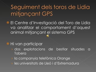 El Centre d’Investigació del Toro de Lidia va analitzar el comportament d’aquest animal mitjançant el sistema GPS Hi van participar dos explotacions de bestiar situades a Tabera la companyia telefònica Orange les universitats de Lleó i d’Extremadura 