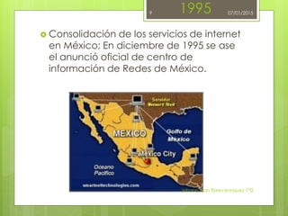 1995
 Consolidación de los servicios de internet
en México; En diciembre de 1995 se ase
el anunció oficial de centro de
información de Redes de México.
johann ivan flores enriquez 1°D
9 07/01/2015
 