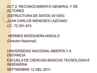 ACT 2: RECONOCIMIENTO GENERAL Y DE ACTORES (ESTRUCTURA DE DATOS 301305) JUAN CARLOS MENESES LAZCANO CC. 72.291.874    HERMES MOSQUERA ANGULO  (Director Nacional)    UNIVERSIDAD NACIONAL ABIERTA Y A DISTANCIA ESCUELA DE CIENCIAS BASICAS TECNOLOGIA E INGENIERIA SEPTIEMBRE 12 DEL 2011 