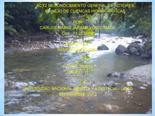 ACT2 RECONOCIMIENTO GENERAL DE ACTORES
         MANEJO DE CUENCAS HIDROGRAFICAS

                    POR
       CARLOS MARIO JARAMILLO ESTRADA
               Cod. 71.253.008

                  DIRECTOR:
               RAMON MOSQUERA



                 CURSO: 303013
                   GRUPO: 11



UNIVERSIDAD NACIONAL ABIERTA Y A DISTACIA – UNAD
               SEPTIEMBRE 2012
 