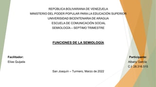 REPÚBLICA BOLIVARIANA DE VENEZUELA
MINISTERIO DEL PODER POPULAR PARA LA EDUCACIÓN SUPERIOR
UNIVERISIDAD BICENTENARIA DE ARAGUA
ESCUELA DE COMUNICACIÓN SOCIAL
SEMIOLOGÍA – SEPTIMO TRIMESTRE
FUNCIONES DE LA SEMIOLOGÍA
Facilitador: Participante:
Elías Quijada Albany García
C.I: 28.316.515
San Joaquín – Turmero, Marzo de 2022
 