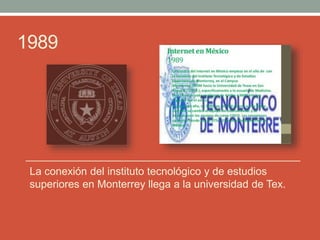 1989
La conexión del instituto tecnológico y de estudios
superiores en Monterrey llega a la universidad de Tex.