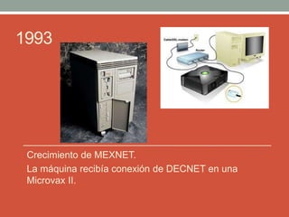 1993
Crecimiento de MEXNET.
La máquina recibía conexión de DECNET en una
Microvax II.