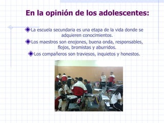 En la opinión de los adolescentes: La escuela secundaria es una etapa de la vida donde se adquieren conocimientos. Los maestros son enojones, buena onda, responsables, flojos, bromistas y aburridos. Los compañeros son traviesos, inquietos y honestos. 