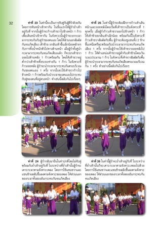 ท่าที่ 23 ในท่านี้จะเป็นการจับคู่กับผู้ที่รำ�ด้วยกัน
โดยการหันหน้าเข้าหากัน ในขั้นแรกให้ผู้รำ�ย่ำ�เท้า
อยู่กับที่ จากนั้นผู้รำ�จะก้าวเท้าขวาไปข้างหน้า 1 ก้าว
เพื่อเดินหน้าเข้าหากัน ในจังหวะนั้นผู้รำ�จะยกกะลา
มากระทบกันกับคู่รำ�ของตนเอง โดยให้ส่วนนอกสัมผัส
กันจนเกิดเสียง เท้าซ้าย ยกส้นเท้าขึ้นเล็กน้อยคล้ายๆ
กับการทิ้งน้ำ�หนักตัวไปทางด้านหน้า เมื่อผู้รำ�ทั้งคู่นำ�
กะลามากระทบกันจนเกิดเสียงแล้ว ก็จะยกเท้าขวา
ถอยไปด้านหลัง 1 ก้าวพร้อมกัน โดยให้เท้าขวาอยู่
ต่ำ�กว่าเท้าซ้ายทิ้งระยะห่างกัน 1 ก้าว ในจังหวะที่
ก้าวถอยหลัง ผู้รำ�จะนำ�กะลามากระทบกันตรงบริเวณ
ก้นของตนเอง 1 ครั้ง จากนั้นจะใช้เท้าขวาก้าวไป
ข้างหน้า 1 ก้าวพร้อมกับนำ�กะลาของตนเองไปกระทบ
กับคู่ของตนที่อยู่ตรงหน้า ทำ�เช่นนี้สลับกันไปเรื่อยๆ
	 ท่าที่ 24 ผู้รำ�กลับมายืนในท่าปกติโดยไม่จับคู่
พร้อมกับย่ำ�เท้าอยู่กับที่ ในระหว่างที่ย่ำ�เท้านั้นผู้รำ�จะ
เคาะกะลาตามจังหวะเพลง โดยการใช้แขนขวาและ
แขนซ้ายสลับขึ้นลงตามจังหวะของเพลง ให้ส่วนนอก
ของกะลาทั้งสองอันกระทบกันจนเกิดเสียง
	 ท่าที่ 25 ในท่านี้ผู้รำ�จะต้องฝึกการก้าวเท้าเดิน
หน้าและถอยหลังโดยเริ่มที่เท้าขวาเป็นจังหวะที่ 1
ทุกครั้ง เมื่อผู้รำ�ก้าวเท้าขวาออกไปข้างหน้า 1 ก้าว
ให้เท้าซ้ายยกส้นเท้าเล็กน้อย พร้อมกันนี้ในจังหวะที่
ก้าวเท้าขวาสัมผัสกับพื้น ผู้รำ�จะต้องชูแขนทั้ง 2 ข้าง
ขึ้นเหนือศรีษะพร้อมกับนำ�กะลามากระทบกันจนเกิด
เสียง 1 ครั้ง จากนั้นผู้รำ�จะใช้เท้าขวาถอยหลังไป
1 ก้าว ให้ตำ�แหน่งเท้าขวาอยู่ต่ำ�กับเท้าซ้ายโดยเว้น
ระยะประมาณ 1 ก้าว ในจังหวะที่เท้าขวาสัมผัสกับพื้น
ผู้รำ�จะนำ�กะลามากระทบกันจนเกิดเสียงตรงเวณบริเวณ
ก้น 1 ครั้ง ทำ�อย่างนี้สลับกันไปเรื่อยๆ
	 ท่าที่ 26 ในท่านี้ผู้รำ�จะย่ำ�เท้าอยู่กับที่ ในระหว่าง
ที่ย่ำ�เท้านั้นก็จะเคาะกะลาตามจังหวะเพลงไปด้วย
โดยการใช้แขนขวาและแขนซ้ายสลับขึ้นลงตามจังหวะ
ของเพลง ให้ส่วนนอกของกะลาทั้งสองอันกระทบกัน
จนเกิดเสียง
32
 