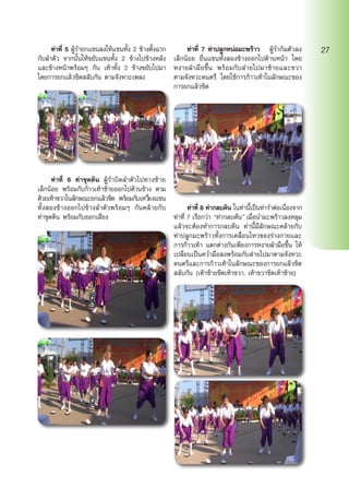 ท่าที่ 5 ผู้รำ�ยกแขนลงให้แขนทั้ง 2 ข้างตั้งฉาก
กับลำ�ตัว จากนั้นให้ขยับแขนทั้ง 2 ข้างไปข้างหลัง
และข้างหน้าพร้อมๆ กัน เท้าทั้ง 2 ข้างขยับไปมา
โดยการยกแล้วชิดสลับกัน ตามจังหวะเพลง
	 ท่าที่ 6 ท่าขุดดิน ผู้รำ�บิดลำ�ตัวไปทางซ้าย
เล็กน้อย พร้อมกับก้าวเท้าซ้ายออกไปด้านข้าง ตาม
ด้วยเท้าขวาในลักษณะยกแล้วชิด พร้อมกับเหวี่ยงแขน
ทั้งสองข้างออกไปข้างลำ�ตัวพร้อมๆ กันคล้ายกับ
ท่าขุดดิน พร้อมกับออกเสียง
	 ท่าที่ 7 ท่าปลูกหน่อมะพร้าว	 ผู้รำ�ก้มตัวลง
เล็กน้อย ยื่นแขนทั้งสองข้างออกไปด้านหน้า โดย
หงายฝ่ามือขึ้น พร้อมกับส่ายไปมาซ้ายและขวา
ตามจังหวะดนตรี โดยใช้การก้าวเท้าในลักษณะของ
การยกแล้วชิด
	 ท่าที่ 8 ท่ากลบดิน ในท่านี้เป็นท่ารำ�ต่อเนื่องจาก
ท่าที่ 7 เรียกว่า “ท่ากลบดิน” เมื่อนำ�มะพร้าวลงหลุม
แล้วจะต้องทำ�การกลบดิน ท่านี้มีลักษณะคล้ายกับ
ท่าปลูกมะพร้าวทั้งการเคลื่อนไหวของร่างกายและ
การก้าวเท้า แตกต่างกันเพียงการหงายฝ่ามือขึ้น ให้
เปลี่ยนเป็นคว่ำ�มือลงพร้อมกับส่ายไปมาตามจังหวะ
ดนตรีและการก้าวเท้าในลักษณะของการยกแล้วชิด
สลับกัน (เท้าซ้ายชิดเท้าขวา, เท้าขวาชิดเท้าซ้าย)
27
 