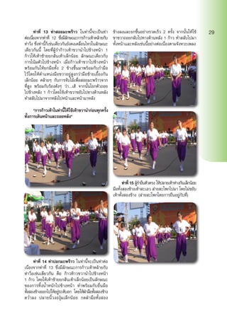 ท่าที่ 13 ท่าสอยมะพร้าว ในท่านี้จะเป็นท่า
ต่อเนื่องจากท่าที่ 12 ซึ่งมีลักษณะการก้าวเท้าคล้ายกับ
ท่าวิ่ง ซึ่งท่านี้ก็เช่นเดียวกันยังคงเคลื่อนไหวในลักษณะ
เดียวกันนี้ โดยที่ผู้รำ�ก้าวเท้าขวานำ�ไปข้างหน้า 1
ก้าวให้เท้าซ้ายยกส้นเท้าเล็กน้อย ลักษณะเดียวกับ
การโน้มตัวไปข้างหน้า เมื่อก้าวเท้าขวาไปข้างหน้า
พร้อมกันให้ยกมือทั้ง 2 ข้างขึ้นมาพร้อมกับกำ�มือ
ไว้โดยให้ตำ�แหน่งมือขวาอยู่สูงกว่ามือซ้ายเยื้องกัน
เล็กน้อย คล้ายๆ กับการจับไม้เพื่อสอยมะพร้าวจาก
ที่สูง พร้อมกับร้องดังๆ ว่า....เฮ้ จากนั้นโยกตัวถอย
ไปข้างหลัง 1 ก้าวโดยใช้เท้าขวาขยับไปทางด้านหลัง
ทำ�สลับไปมาจากหลังไปหน้าและหน้ามาหลัง
	 *การก้าวเท้าในท่านี้ให้ใช้เท้าขวานำ�ก่อนทุกครั้ง
ทั้งการเดินหน้าและถอยหลัง*
	 ท่าที่ 14 ท่าปอกมะพร้าว ในท่านี้จะเป็นท่าต่อ
เนื่องจากท่าที่ 13 ซึ่งมีลักษณะการก้าวเท้าคล้ายกับ
ท่าวิ่งเช่นเดียวกัน คือ ก้าวท้าวขวานำ�ไปข้างหน้า
1 ก้าว โดยให้เท้าซ้ายยกส้นเท้าเล็กน้อยเป็นลักษณะ
ของการทิ้งน้ำ�หนักไปข้างหน้า ทำ�พร้อมกับยื่นมือ
ทั้งสองข้างออกไปให้อยู่ระดับอก โดยให้ฝ่ามือทั้งสองข้าง
คว่ำ�ลง ปลายนิ้วงองุ้มเล็กน้อย กดฝ่ามือทั้งสอง
ข้างลงและยกขึ้นอย่างรวดเร็ว 2 ครั้ง จากนั้นให้ใช้
ขาขวาถอยกลับไปทางด้านหลัง 1 ก้าว ทำ�สลับไปมา
ทั้งหน้าและหลังเช่นนี้อย่างต่อเนื่องตามจังหวะเพลง
	 ท่าที่ 15 ผู้รำ�ยืนตัวตรง ให้ปลายเท้าห่างกันเล็กน้อย
มือทั้งสองข้างเท้าสะเอว ส่ายสะโพกไปมา โดยไม่ขยับ
เท้าทั้งสองข้าง (ส่ายสะโพกโดยการยืนอยู่กับที่)
29
 