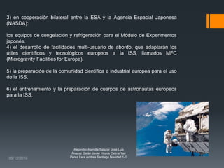 Alejandro Alamilla Salazar José Luis
Álvarez Galán Javier Hoyos Cetina Yair
Pérez Lara Andrea Santiago Navidad 1-G
3) en cooperación bilateral entre la ESA y la Agencia Espacial Japonesa
(NASDA):
los equipos de congelación y refrigeración para el Módulo de Experimentos
japonés.
4) el desarrollo de facilidades multi-usuario de abordo, que adaptarán los
útiles científicos y tecnológicos europeos a la ISS, llamados MFC
(Microgravity Facilities for Europe).
5) la preparación de la comunidad científica e industrial europea para el uso
de la ISS.
6) el entrenamiento y la preparación de cuerpos de astronautas europeos
para la ISS.
 