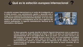 Qué es la estación europea internacional
La estación europea internacional es un centro de investigación en
la órbita terrestre, cuya administración, gestión y desarrollo está a
cargo de la cooperación internacional. El proyecto funciona como
una estación espacial permanentemente tripulada, en la que rotan
equipos de astronautas e investigadores de las cinco agencias del
espacio participantes: la Agencia Administración Nacional de la
Aeronáutica y del Espacio
En líneas generales, se puede describir la Estación Espacial Internacional como un gigantesco
mecano situado en órbita alrededor de la Tierra, a 400 km de altura. Sus dimensiones son de
aproximadamente 109 m de longitud total y 88 m de ancho, con una masa cercana a las
420 toneladas. El volumen habitable alcanza a unos 916 m3, con lo que sobrepasa en amplitud
y complejidad todo lo que existe hasta la fecha. Puede acoger hasta seis astronautas
permanentemente, quienes se suceden según las exigencias de las misiones. Su energía es
proporcionada por los paneles solares más grandes que jamás se hayan construido, de una
potencia de 84 kW.
08/12/2016 KARINA JUSTINIANO 1ºG
 