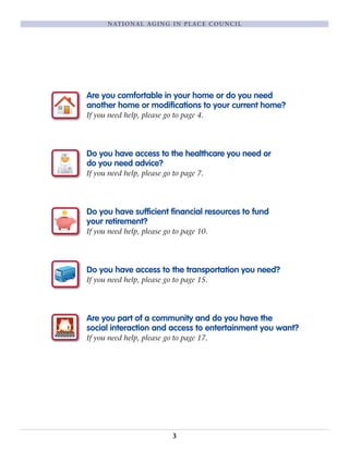 Are you comfortable in your home or do you need
another home or modifications to your current home?
If you need help, please go to page 4.
Do you have access to the healthcare you need or
do you need advice?
If you need help, please go to page 7.
Do you have sufficient financial resources to fund
your retirement?
If you need help, please go to page 10.
Do you have access to the transportation you need?
If you need help, please go to page 15.
Are you part of a community and do you have the
social interaction and access to entertainment you want?
If you need help, please go to page 17.
3
NATIONAL AGING IN PLACE COUNCIL
 