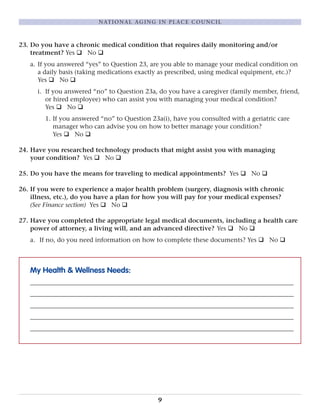 23. Do you have a chronic medical condition that requires daily monitoring and/or
treatment? Yes q No q
a. If you answered “yes” to Question 23, are you able to manage your medical condition on
a daily basis (taking medications exactly as prescribed, using medical equipment, etc.)?
Yes q No q
i. If you answered “no” to Question 23a, do you have a caregiver (family member, friend,
or hired employee) who can assist you with managing your medical condition?
Yes q No q
1. If you answered “no” to Question 23a(i), have you consulted with a geriatric care
manager who can advise you on how to better manage your condition?
Yes q No q
24. Have you researched technology products that might assist you with managing
your condition? Yes q No q
25. Do you have the means for traveling to medical appointments? Yes q No q
26. If you were to experience a major health problem (surgery, diagnosis with chronic
illness, etc.), do you have a plan for how you will pay for your medical expenses?
(See Finance section) Yes q No q
27. Have you completed the appropriate legal medical documents, including a health care
power of attorney, a living will, and an advanced directive? Yes q No q
a. If no, do you need information on how to complete these documents? Yes q No q
My Health & Wellness Needs:
____________________________________________________________________________________
____________________________________________________________________________________
____________________________________________________________________________________
____________________________________________________________________________________
____________________________________________________________________________________
9
NATIONAL AGING IN PLACE COUNCIL
 