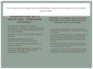 Cómo soluciona la dgeti esta problemática: ausencia de espacios curriculares 
para el arte. 
PARTICIPACIÓN DE LA 
FIGURA DEL “PROMOTOR 
CULTURAL” 
• Se hace una reunión con los 32 
promotores culturales, quienes a su vez 
serán líderes de los promotores locales 
(uno por plantel). 
• Quienes a veces tienen perfil idóneo y 
otras no. 
• Se está buscando apoyo de 
CONACULTA para su formación. 
• Pero no hay dinero para subsidio, se 
buscan apoyos. 
• Ha funcionado esta figura aunque no 
esté en la “plantilla” oficial de los 
planteles y los estados. 
DIFUSIÓN EN MEDIOS FB, TWITTER, 
YOUTUBE, ETC, PARA FOMENTAR EL 
INTERÉS DEL ALUMNADO. 
• Los nuevos medios llegan a los alumnos lo que 
promueve su participación y expectativas de estas 
actividades. 
• Se busca que (aunque sea por contratos externos, 
por acuerdos con otras instituciones: casas de 
cultura, institutos estatales de cultura, etc.), los 
alumnos asistan a actividades y/o talleres extra 
escuela. 
• Contamos con un buen número de amigos en el 
FB , casi todos alumnos y docentes interesados 
en el tema artístico cultural. 
• Lo anterior, fomenta que no obstante a la política 
educativa en cuanto a educación artística, estas 
actividades “se pidan” por parte del alumnado. 
 