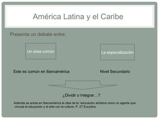 América Latina y el Caribe 
Presenta un debate entre: 
Un área común La especialización 
Este es común en Iberoamérica Nivel Secundario 
¿Dividir o Integrar…? 
Además se anota en Iberoamérica la idea de la “educación artística como un agente que 
vincula la educación y el arte con la cultura. P. 27 Eurydice. 
 