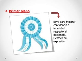  Primer plano
sirve para mostrar
confidencia e
intimidad
respecto al
personaje.
Destaca su
expresión

 