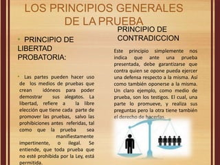 LOS PRINCIPIOS GENERALES
DE LA PRUEBA
• PRINCIPIO DE
LIBERTAD
PROBATORIA:
• Las partes pueden hacer uso
de los medios de pruebas que
crean idóneos para poder
demostrar sus alegatos. La
libertad, refiere a la libre
elección que tiene cada parte de
promover las pruebas, salvo las
prohibiciones antes referidas, tal
como que la prueba sea
manifiestamente
impertinente, o ilegal. Se
entiende, que toda prueba que
no esté prohibida por la Ley, está
permitida.
PRINCIPIO DE
CONTRADICCION
Este principio simplemente nos
indica que ante una prueba
presentada, debe garantizarse que
contra quien se opone pueda ejercer
una defensa respecto a la misma. Así
como también oponerse a la misma.
Un claro ejemplo, como medio de
prueba, son los testigos. El cual, una
parte lo promueve, y realiza sus
preguntas pero la otra tiene también
el derecho de hacerlas.
 