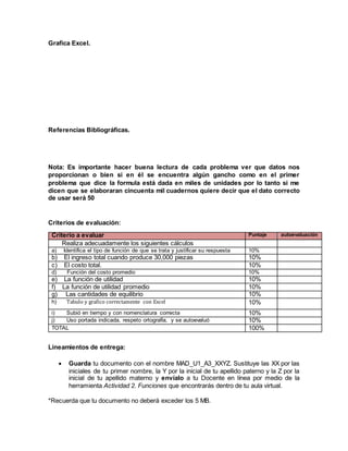 Grafica Excel.
Referencias Bibliográficas.
Nota: Es importante hacer buena lectura de cada problema ver que datos nos
proporcionan o bien si en él se encuentra algún gancho como en el primer
problema que dice la formula está dada en miles de unidades por lo tanto si me
dicen que se elaboraran cincuenta mil cuadernos quiere decir que el dato correcto
de usar será 50
Criterios de evaluación:
Lineamientos de entrega:
 Guarda tu documento con el nombre MAD_U1_A3_XXYZ. Sustituye las XX por las
iniciales de tu primer nombre, la Y por la inicial de tu apellido paterno y la Z por la
inicial de tu apellido materno y envíalo a tu Docente en línea por medio de la
herramienta Actividad 2. Funciones que encontrarás dentro de tu aula virtual.
*Recuerda que tu documento no deberá exceder los 5 MB.
Criterio a evaluar Puntaje autoevaluación
Realiza adecuadamente los siguientes cálculos
a) Identifica el tipo de función de que se trata y justificar su respuesta 10%
b) El ingreso total cuando produce 30,000 piezas 10%
c) El costo total. 10%
d) Función del costo promedio 10%
e) La función de utilidad 10%
f) La función de utilidad promedio 10%
g) Las cantidades de equilibrio 10%
h) Tabulo y grafico correctamente con Excel 10%
i) Subió en tiempo y con nomenclatura correcta 10%
j) Uso portada indicada, respeto ortografía, y se autoevaluó 10%
TOTAL 100%
 