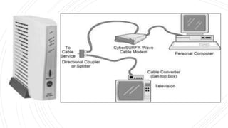 Un cable módem es un dispositivo que permite acceso a Internet a gran
velocidad vía TV cable. Se emplea generalmente en los hogares, ya que la
mayor parte de las áreas residenciales tienen instalación por cable. Son
cajas externas que se conectan al computador. Tiene dos conexiones, uno
por cable a la conexión de la pared y otro al computador, por medio de
interfaces Ethernet.
Existen dos tipos de cable módem:
 Módems coaxiales de Fibra Óptica (HFC, Hybrid Fiber-coax). Son
dispositivos bidireccionales que operan por cable HFC. Ofrecen
velocidades de carga en el rango de 3 a 30 Mb, con velocidades de
descarga que van de 128Kb hasta 10Mb, aunque actualmente los
usuarios pueden esperar velocidades alrededor de 4Mb.
 Módems Unidireccionales. Son más antiguos que los anteriores que
operan por los cables de televisión coaxiales tradicionales. Permiten
velocidades de carga de hasta 2Mb, y requieren un módem convencional
de marcación para completar la conexión.
 