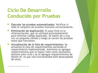Ciclo De Desarrollo
Conducido por Pruebas
 Ejecutar las pruebas automatizadas: Verificar si
todo el conjunto de pruebas funciona correctamente.
 Eliminación de duplicación: El paso final es la
refactorización, que se utilizará principalemente
para eliminar código duplicado. Se hacen de a una
vez un pequeño cambio y luego se corren las pruebas
hasta que funcionen.
 Actualización de la lista de requerimientos: Se
actualiza la lista de requerimientos tachando el
requerimiento implementado. Asimismo se agregan
requerimientos que se hayan visto como necesarios
durante este ciclo y se se agregan requerimientos de
diseño (P. ej que una funcionalidad esté desacoplada
de otra).
Lic. Rodrigo Santiago Hernandez Hdez.
 