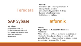 Teradata
Destaca sobre los demás tipos de bases de
datos por su capacidad de
almacenamiento y de análisis de datos.
Suele ser utilizado en grandes
instalaciones de Big Data.
SAP Sybase
Aunque ya no vive los
momentos de éxito de hace
una década, sigue destacando
por su escalabilidad y
rendimiento.
Informix
Mejores Bases de Datos de libre distribución
relacionales
Ahora entramos a hablar de las mejores bases de datos
relacionales libres. Sus beneficios: su comunidad, la
posibilidad de ver e incluso modificar el código a nuestra
conveniencia y la no necesidad de pago.
Teradata
SAP Sybase Informix
 