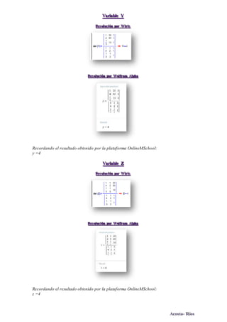 Acosta- Ríos
VVVaaarrriiiaaabbbllleee YYY
RRReeesss ooollluuuccciiióóónnn pppooorrr WWWiiirrriiisss
RRReeesss ooollluuuccciiióóónnn pppooorrr WWWooolllfffrrraaammm AAAlllppphhhaaa
Recordando el resultado obtenido por la plataforma OnlineMSchool:
y =4
VVVaaarrriiiaaabbbllleee ZZZ
RRReeesss ooollluuuccciiióóónnn pppooorrr WWWiiirrriiisss
RRReeesss ooollluuuccciiióóónnn pppooorrr WWWooolllfffrrraaammm AAAlllppphhhaaa
Recordando el resultado obtenido por la plataforma OnlineMSchool:
z =4
 