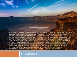 EN MEDIO DEL DESIERTO, A UNOS 300 KM AL NORESTE DE LA
MECA, SE ENCUENTRA AL WAHBAH, UN GRAN CRÁTER
VOLCÁNICO DE UNOS 249 METROS DE PROFUNDIDAD CON
UN CAMPO DE SAL EN EL CENTRO. LOS EXCURSIONISTAS
ACOSTUMBRADOS AL EJERCICIO TARDAN ENTRE DOS Y
TRES HORAS EN LLEGAR AL FONDO Y VOLVER A SUBIR.
TAMBIÉN ES UN LUGAR POPULAR PARA ACAMPAR.
AL WAHBAH
 