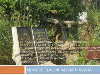 ESTA COLINA ESTÁ UBICADA ENTRE CAPERNAÚM
Y TABGHA A LA ORILLA DEL MAR DE GALILEA, ES
EL LUGAR DONDE JESÚS PRONUNCIÓ EL FAMOSO
“SERMÓN DE LA MONTAÑA”. ES UN HERMOSO
LUGAR DESDE DONDE SE VE TODO EL MAR DE
GALILEA, HAY UNA IGLESIA Y VARIOS LUGARES
PARA ORAR Y MEDITAR.
MONTE DE LAS BIENAVENTURANZAS
 