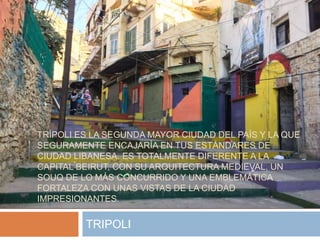 TRÍPOLI ES LA SEGUNDA MAYOR CIUDAD DEL PAÍS Y LA QUE
SEGURAMENTE ENCAJARÍA EN TUS ESTÁNDARES DE
CIUDAD LIBANESA. ES TOTALMENTE DIFERENTE A LA
CAPITAL BEIRUT, CON SU ARQUITECTURA MEDIEVAL, UN
SOUQ DE LO MÁS CONCURRIDO Y UNA EMBLEMÁTICA
FORTALEZA CON UNAS VISTAS DE LA CIUDAD
IMPRESIONANTES.
TRIPOLI
 