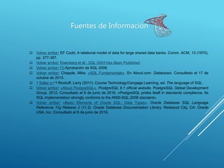 Fuentes de Información
 Volver arriba↑ EF Codd; A relational model of data for large shared data banks. Comm. ACM, 13 (1970),
pp. 377-387.
 Volver arriba↑ Eisenberg et al.: SQL:2003 Has Been Published.
 Volver arriba↑ [1] Aprobación de SQL 2008.
 Volver arriba↑ Chapple, Mike. «SQL Fundamentals». En About.com. Databases. Consultado el 17 de
octubre de 2015.
 ↑ Saltar a:a b Rockoff, Larry (2011). Course Technology/Cengage Learning, ed. The language of SQL.
 Volver arriba↑ «About PostgreSQL». PostgreSQL 9.1 official website. PostgreSQL Global Development
Group. 2012. Consultado el 8 de junio de 2016. «PostgreSQL prides itself in standards compliance. Its
SQL implementation strongly conforms to the ANSI-SQL:2008 standard».
 Volver arriba↑ «Basic Elements of Oracle SQL: Data Types». Oracle Database SQL Language
Reference 11g Release 2 (11.2). Oracle Database Documentation Library. Redwood City, CA: Oracle
USA, Inc. Consultado el 8 de junio de 2016.
 