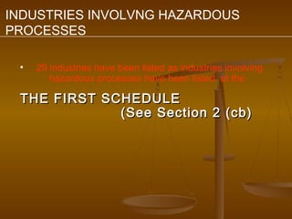 INDUSTRIES INVOLVNG HAZARDOUS
PROCESSES

 •   29 industries have been listed as industries involving
        hazardous processes have been listed at the

 THE FIRST SCHEDULE
             (See Section 2 (cb)
 