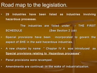 Road map to the legislation.
•   29   industries   have   been   listed   as   industries   involving
    hazardous processes .

              The industries are listed under           - THE FIRST
    SCHEDULE                        (See Section 2 (cb)

•   Special provisions have been        incorporated to govern the
    aspect of SHE in the said hazardous industries.

•   A new chapter by name      “ Chapter IV A      was introduced    as
    Special provisions relating to Hazardous processes ”.

•   Penal provisions were revamped.

•   Amendments are continual in the wake of industrialization.
 